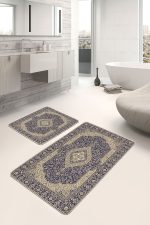 2'li Set Lacivert Zeminde Uşak Motifli Geleneksel Desenli Avangarde Etnik Motifler  2'li Banyo & Mutfak Paspas Takımı Realhomes