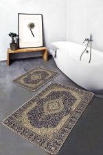 2'li Set Lacivert Zeminde Uşak Motifli Geleneksel Desenli Avangarde Etnik Motifler  2'li Banyo & Mutfak Paspas Takımı Realhomes