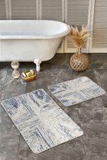 - Realhomes - Realhomes  2'li Set Mavi - Bej Zeminde Dokuma Halı Motifli Eskitme Desenli Eskitme Motifli Geometrik  2'li Banyo & Mutfak Paspas Takımı Realhomes