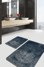 2'li Set Lacivert Zeminde Antik Motifli Dokuma Desenli Eskitme Motifli Avangarde  2'li Banyo & Mutfak Paspas Takımı Realhomes
