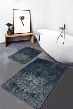 2'li Set Lacivert Zeminde Antik Motifli Dokuma Desenli Eskitme Motifli Avangarde  2'li Banyo & Mutfak Paspas Takımı Realhomes