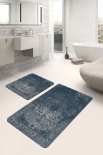 2'li Set Lacivert Zeminde Antik Motifli Dokuma Desenli Eskitme Motifli Avangarde  2'li Banyo & Mutfak Paspas Takımı Realhomes