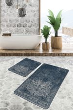 2'li Set Lacivert Zeminde Antik Motifli Dokuma Desenli Eskitme Motifli Avangarde  2'li Banyo & Mutfak Paspas Takımı Realhomes