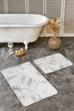 - Realhomes - Realhomes  2'li Set Gri Zeminde Çerçeveli Motifli Eskitme Desenli Eskitme Motifli Geometrik  2'li Banyo & Mutfak Paspas Takımı Realhomes