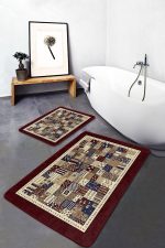 2'li Set Kahverengi Zeminde Patchwork Motifli Etnik Desenli Vintage Etnik Motifler  2'li Banyo & Mutfak Paspas Takımı Realhomes