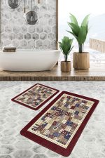 2'li Set Kahverengi Zeminde Patchwork Motifli Etnik Desenli Vintage Etnik Motifler  2'li Banyo & Mutfak Paspas Takımı Realhomes