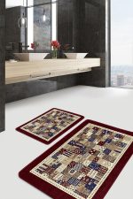 2'li Set Kahverengi Zeminde Patchwork Motifli Etnik Desenli Vintage Etnik Motifler  2'li Banyo & Mutfak Paspas Takımı Realhomes