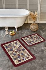 2'li Set Kahverengi Zeminde Patchwork Motifli Etnik Desenli Vintage Etnik Motifler  2'li Banyo & Mutfak Paspas Takımı Realhomes