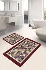 2'li Set Kahverengi Zeminde Patchwork Motifli Etnik Desenli Vintage Etnik Motifler  2'li Banyo & Mutfak Paspas Takımı Realhomes