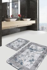 - PaspasTakimi-2li-Set935-Gorsel-2 - Realhomes 2'li Set Turkuaz Zeminde Çerçeveli Motifli Antik Desenli Geometrik Eskitme Motifli 2'li Banyo & Mutfak Paspas Takımı Realhomes