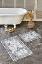 - Realhomes - Realhomes 2'li Set Turkuaz Zeminde Çerçeveli Motifli Antik Desenli Geometrik Eskitme Motifli 2'li Banyo & Mutfak Paspas Takımı Realhomes