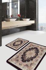 2'li Set Kahverengi - Bej Zeminde Pers Motifli Dokuma Desenli Avangarde Eskitme Motifli  2'li Banyo & Mutfak Paspas Takımı Realhomes