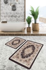2'li Set Kahverengi - Bej Zeminde Pers Motifli Dokuma Desenli Avangarde Eskitme Motifli  2'li Banyo & Mutfak Paspas Takımı Realhomes