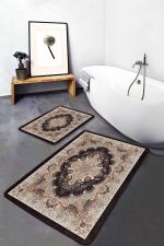 2'li Set Kahverengi - Bej Zeminde Pers Motifli Dokuma Desenli Avangarde Eskitme Motifli  2'li Banyo & Mutfak Paspas Takımı Realhomes