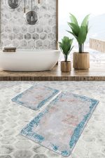 - PaspasTakimi-2li-Set937-Gorsel - Realhomes 2'li Set Gri - Mavi Zeminde Eskitme Motifli Yöresel Desenli Eskitme Motifli Vintage 2'li Banyo & Mutfak Paspas Takımı Realhomes