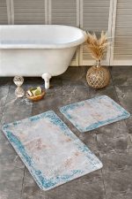 - Realhomes - Realhomes 2'li Set Gri - Mavi Zeminde Eskitme Motifli Yöresel Desenli Eskitme Motifli Vintage 2'li Banyo & Mutfak Paspas Takımı Realhomes