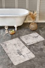 - Realhomes - Realhomes 2'li Set Bej Zeminde Otantik Motifli Örme Desenli Vintage Eskitme Motifli 2'li Banyo & Mutfak Paspas Takımı Realhomes