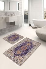- PaspasTakimi-2li-Set943-Gorsel-1 - Realhomes 2'li Set Lacivert Zeminde Uşak Motifli Kilim Desenli Avangarde Vintage 2'li Banyo & Mutfak Paspas Takımı Realhomes