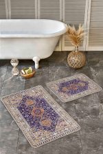 - Realhomes - Realhomes 2'li Set Lacivert Zeminde Uşak Motifli Kilim Desenli Avangarde Vintage 2'li Banyo & Mutfak Paspas Takımı Realhomes