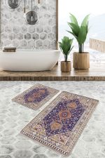 - PaspasTakimi-2li-Set943-Gorsel-2 - Realhomes 2'li Set Lacivert Zeminde Uşak Motifli Kilim Desenli Avangarde Vintage 2'li Banyo & Mutfak Paspas Takımı Realhomes