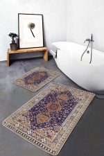 - PaspasTakimi-2li-Set943-Gorsel-4 - Realhomes 2'li Set Lacivert Zeminde Uşak Motifli Kilim Desenli Avangarde Vintage 2'li Banyo & Mutfak Paspas Takımı Realhomes