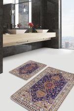 - PaspasTakimi-2li-Set943-Gorsel-5 - Realhomes 2'li Set Lacivert Zeminde Uşak Motifli Kilim Desenli Avangarde Vintage 2'li Banyo & Mutfak Paspas Takımı Realhomes