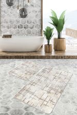 - PaspasTakimi-2li-Set944-Gorsel - Realhomes 2'li Set Krem - Beyaz Zeminde Çizgili Motifli Eskitme Desenli Geometrik Sade & Şık 2'li Banyo & Mutfak Paspas Takımı Realhomes