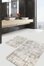 - PaspasTakimi-2li-Set944-Gorsel-2 - Realhomes 2'li Set Krem - Beyaz Zeminde Çizgili Motifli Eskitme Desenli Geometrik Sade & Şık 2'li Banyo & Mutfak Paspas Takımı Realhomes