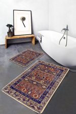 2'li Set Lacivert Zeminde Hereke Motifli Otantik Desenli Avangarde Vintage  2'li Banyo & Mutfak Paspas Takımı Realhomes