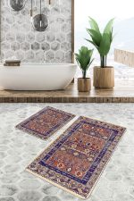 2'li Set Lacivert Zeminde Hereke Motifli Otantik Desenli Avangarde Vintage  2'li Banyo & Mutfak Paspas Takımı Realhomes