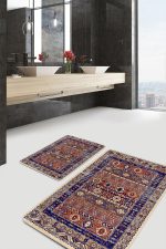 2'li Set Lacivert Zeminde Hereke Motifli Otantik Desenli Avangarde Vintage  2'li Banyo & Mutfak Paspas Takımı Realhomes