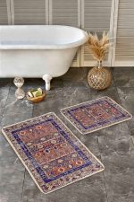 2'li Set Lacivert Zeminde Hereke Motifli Otantik Desenli Avangarde Vintage  2'li Banyo & Mutfak Paspas Takımı Realhomes