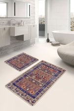 2'li Set Lacivert Zeminde Hereke Motifli Otantik Desenli Avangarde Vintage  2'li Banyo & Mutfak Paspas Takımı Realhomes