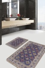 2'li Set Lacivert Zeminde Uşak Motifli Geleneksel Desenli Vintage Avangarde  2'li Banyo & Mutfak Paspas Takımı Realhomes