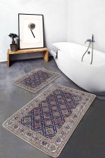 2'li Set Lacivert Zeminde Uşak Motifli Geleneksel Desenli Vintage Avangarde  2'li Banyo & Mutfak Paspas Takımı Realhomes