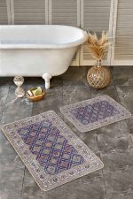 2'li Set Lacivert Zeminde Uşak Motifli Geleneksel Desenli Vintage Avangarde  2'li Banyo & Mutfak Paspas Takımı Realhomes