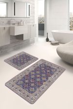 2'li Set Lacivert Zeminde Uşak Motifli Geleneksel Desenli Vintage Avangarde  2'li Banyo & Mutfak Paspas Takımı Realhomes