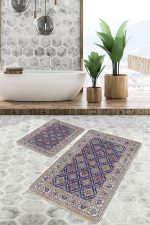 2'li Set Lacivert Zeminde Uşak Motifli Geleneksel Desenli Vintage Avangarde  2'li Banyo & Mutfak Paspas Takımı Realhomes