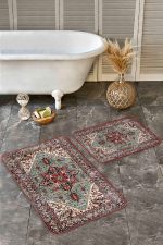 - Realhomes - Realhomes  2'li Set Kırmızı - Yeşil Zeminde Otantik Motifli Osmanlı Desenli Vintage Avangarde  2'li Banyo & Mutfak Paspas Takımı Realhomes