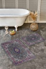 - Realhomes - Realhomes  2'li Set Yeşil Zeminde Göbekli Halı Motifli Pers Desenli Eskitme Motifli Vintage  2'li Banyo & Mutfak Paspas Takımı Realhomes