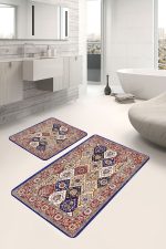 - PaspasTakimi-2li-Set949-Gorsel - Realhomes 2'li Set Lacivert- Krem Zeminde Yöresel Motifli Etnik Desenli Eskitme Motifli Vintage 2'li Banyo & Mutfak Paspas Takımı Realhomes