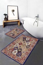 - PaspasTakimi-2li-Set949-Gorsel-2 - Realhomes 2'li Set Lacivert- Krem Zeminde Yöresel Motifli Etnik Desenli Eskitme Motifli Vintage 2'li Banyo & Mutfak Paspas Takımı Realhomes