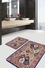 - PaspasTakimi-2li-Set949-Gorsel-4 - Realhomes 2'li Set Lacivert- Krem Zeminde Yöresel Motifli Etnik Desenli Eskitme Motifli Vintage 2'li Banyo & Mutfak Paspas Takımı Realhomes