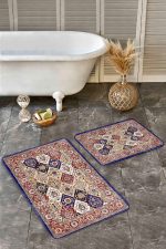 - Realhomes - Realhomes 2'li Set Lacivert- Krem Zeminde Yöresel Motifli Etnik Desenli Eskitme Motifli Vintage 2'li Banyo & Mutfak Paspas Takımı Realhomes