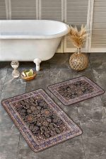 - Realhomes - Realhomes 2'li Set Siyah Zeminde Geleneksel Motifli Etnik Desenli Eskitme Motifli Avangarde 2'li Banyo & Mutfak Paspas Takımı Realhomes