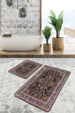 - PaspasTakimi-2li-Set950-Gorsel-4 - Realhomes 2'li Set Siyah Zeminde Geleneksel Motifli Etnik Desenli Eskitme Motifli Avangarde 2'li Banyo & Mutfak Paspas Takımı Realhomes