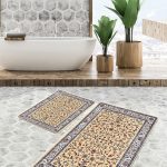 2'li Set Siyah Zeminde Damalı Motifli Çiçek Desenli Geometrik Floral  2'li Banyo & Mutfak Paspas Takımı Realhomes