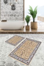 - PaspasTakimi-2li-Set951-Gorsel - Realhomes 2'li Set Bej Zeminde Kilim Motifli Osmanlı Desenli Vintage Etnik Motifler 2'li Banyo & Mutfak Paspas Takımı Realhomes
