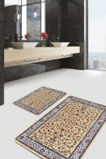 - PaspasTakimi-2li-Set951-Gorsel-2 - Realhomes 2'li Set Bej Zeminde Kilim Motifli Osmanlı Desenli Vintage Etnik Motifler 2'li Banyo & Mutfak Paspas Takımı Realhomes
