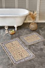- Realhomes - Realhomes 2'li Set Bej Zeminde Kilim Motifli Osmanlı Desenli Vintage Etnik Motifler 2'li Banyo & Mutfak Paspas Takımı Realhomes